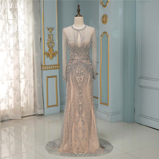 Long Sleeves Keyhole Bateau Mermaid Formal Evening Dress With Beading