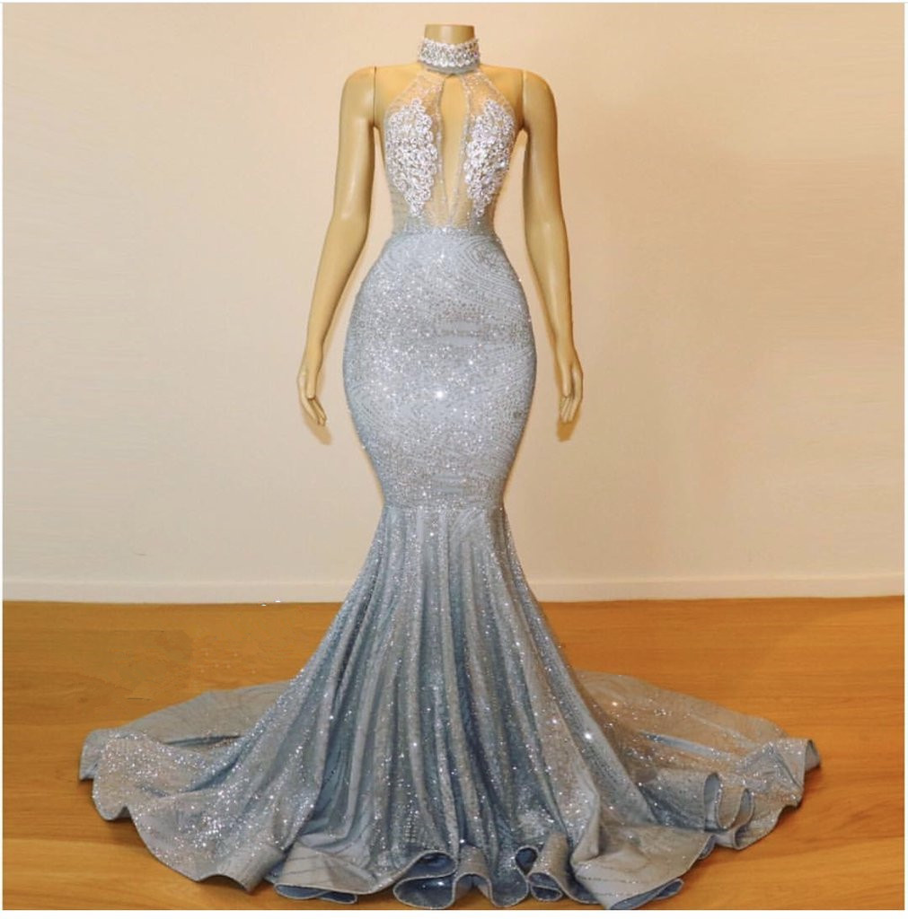 Glamorous Long Mermaid Halter Sleeveless Backless Prom Dress