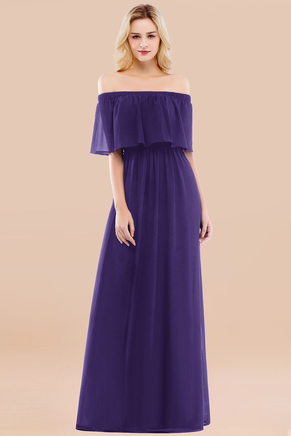 A-line Chiffon Off-the-Shoulder Short-Sleeves Ruffles Floor-length Bridesmaid Dress