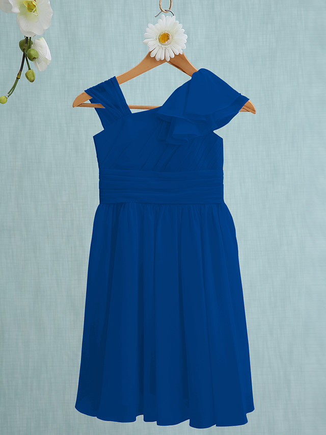 Sheath / Column Straps Knee Length Chiffon Junior Bridesmaid Dress With Ruffles / Side Draping / Natural