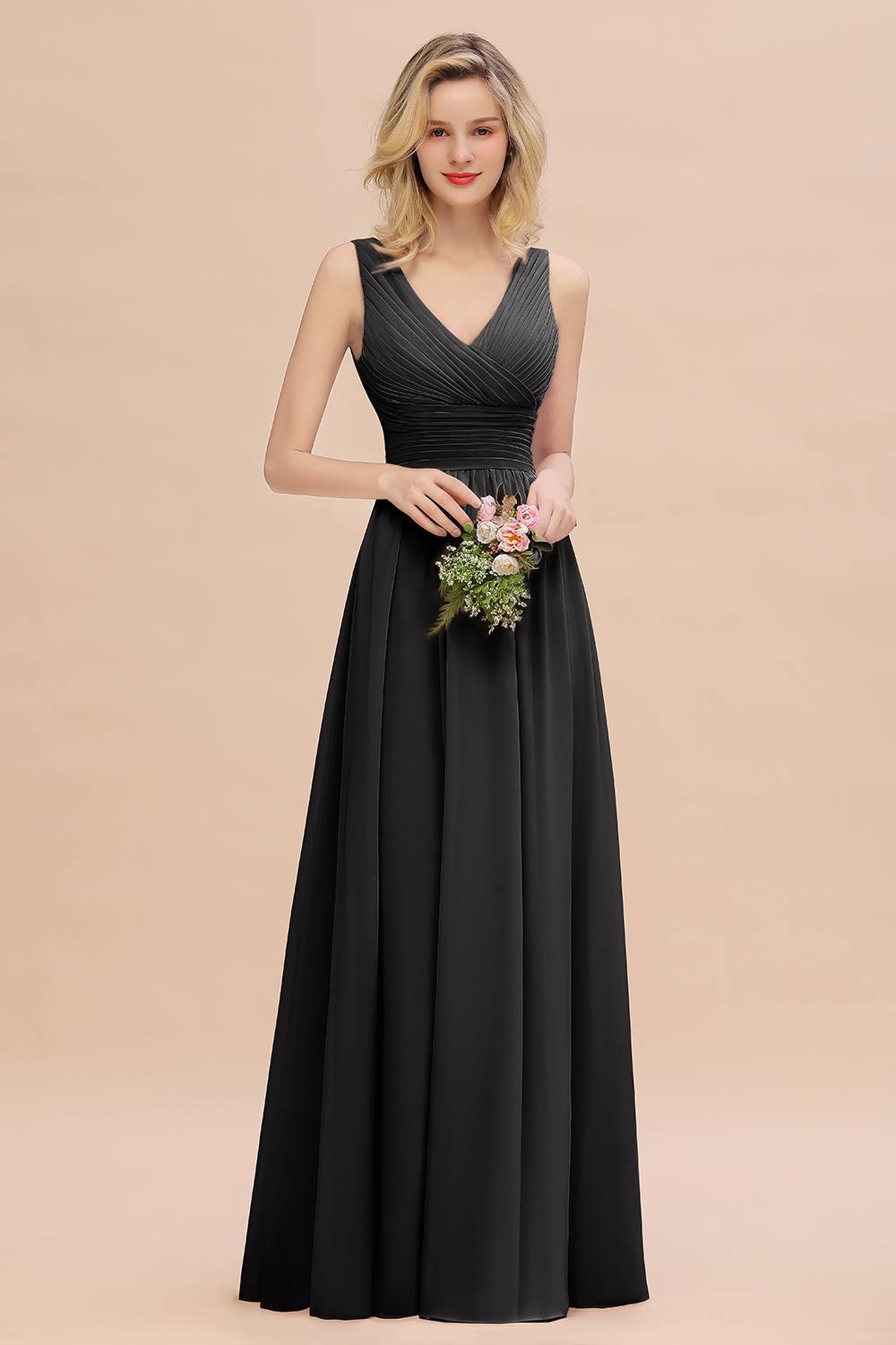 Elegant A-line V-Neck Ruffles Long Bridesmaid Dress