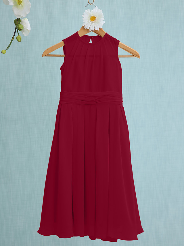 Sky Blue Long A-line Jewel Neck Knee Length Chiffon Junior Bridesmaid Dress