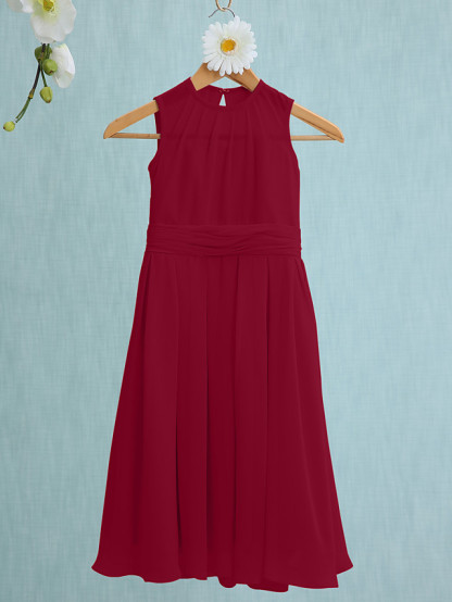 Sky Blue Long A-line Jewel Neck Knee Length Chiffon Junior Bridesmaid Dress