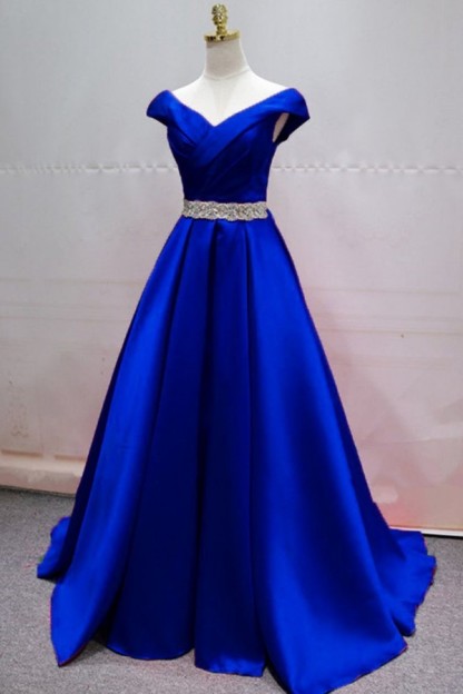 Simple A-line V-neck Floor-length Ruffles Satin Prom Dress With Beaded