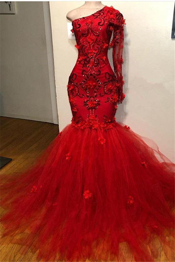 Chic Long One Shoulder Appliques Lace Tulle Mermaid Prom Dress with Sleeves