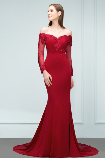 Long Off the Shoulder Satin Mermaid Evening Formal Dress with Sleeves