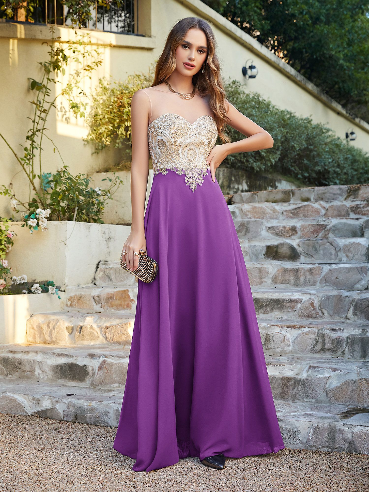 Elegant Long A-line Chiffon Sleeveless Tulle Lace Appliques Prom Dress