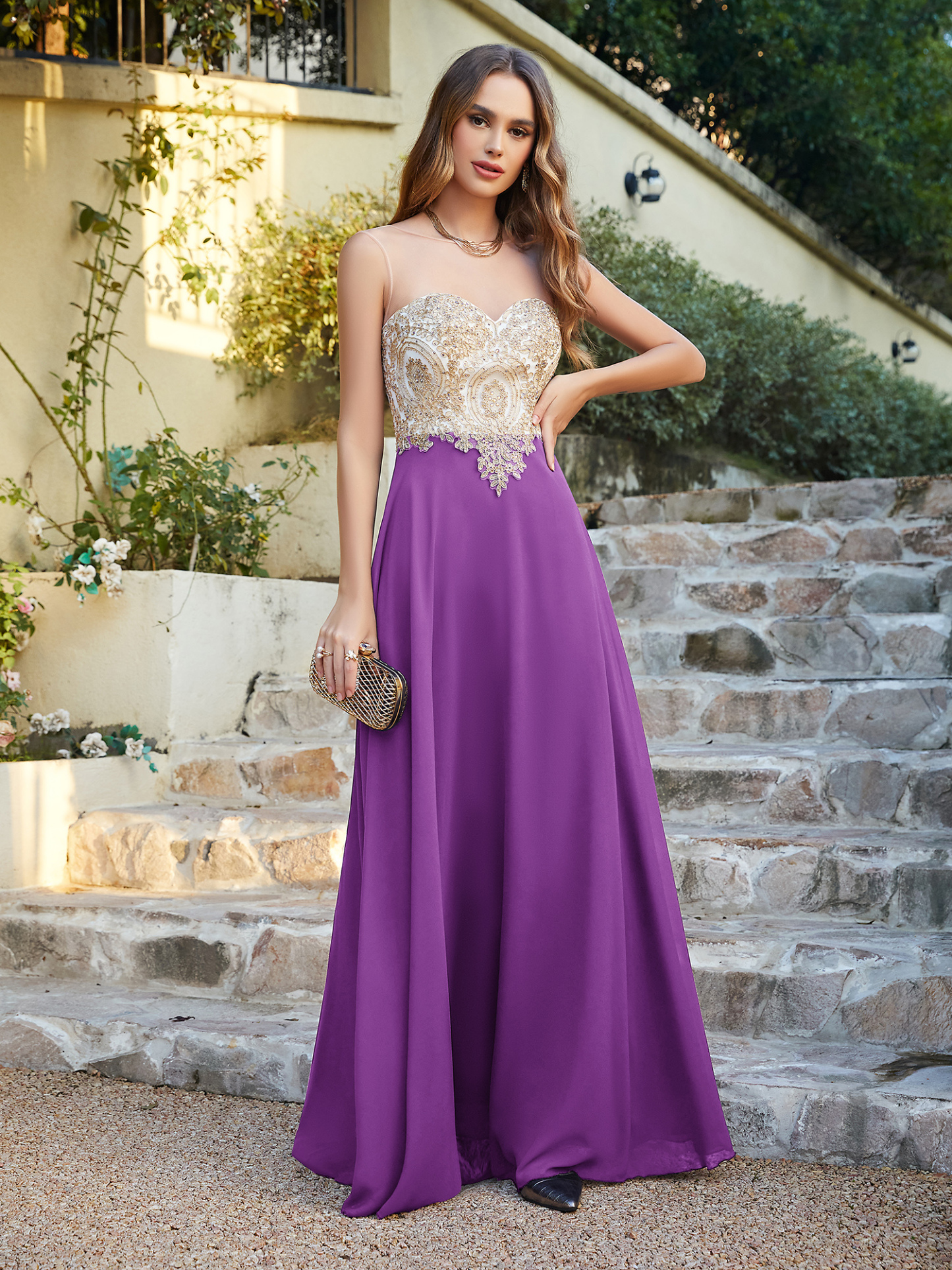 Elegant Long A-line Chiffon Sleeveless Tulle Lace Appliques Prom Dress