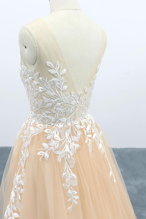 Long A-line Sweetheart Appliques Tulle Backless Wedding Dress