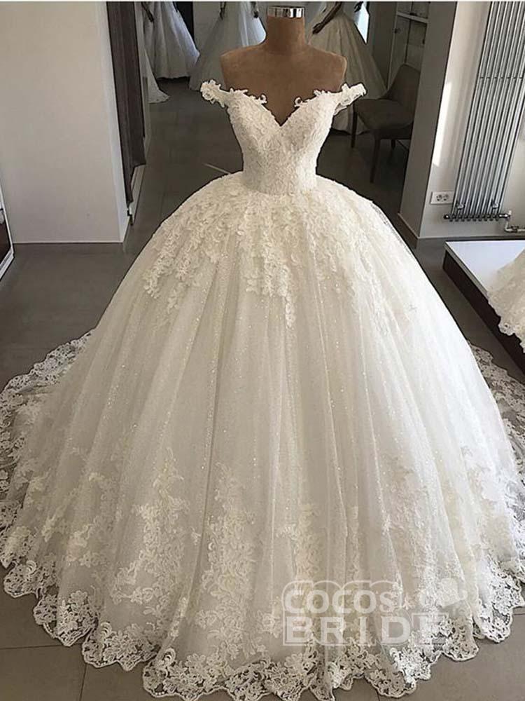 Long Off the Shoulder V-Neck Lace Ball Gown Wedding Dresses