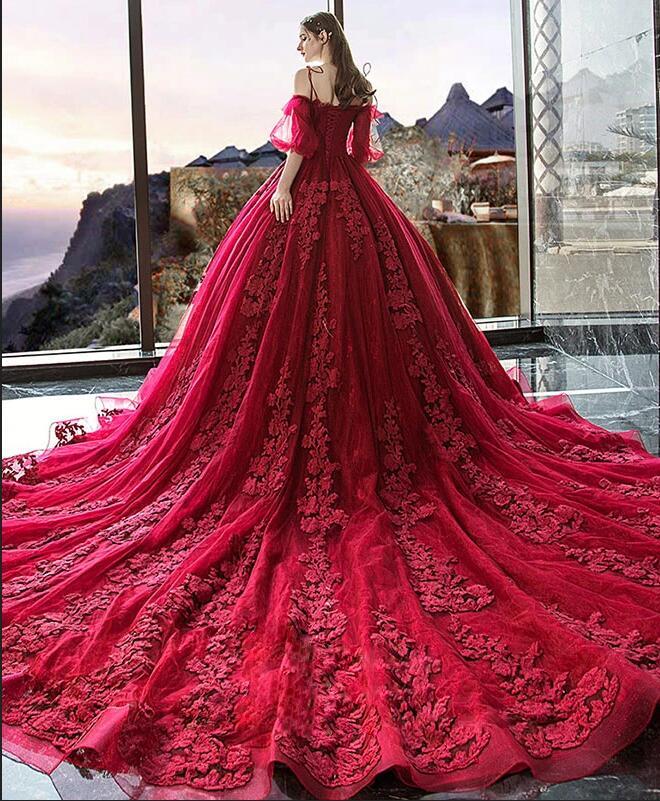 Gorgeous Train A-line Off-the-shoulder Spaghetti Straps Long Sleeve Appliques Lace Prom Dress
