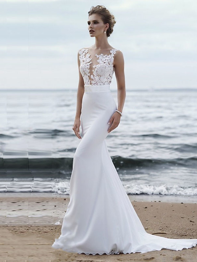 Mermaid \ Trumpet Wedding Dresses Jewel Neck Chapel Train Chiffon Lace Regular Straps Mordern See-Through