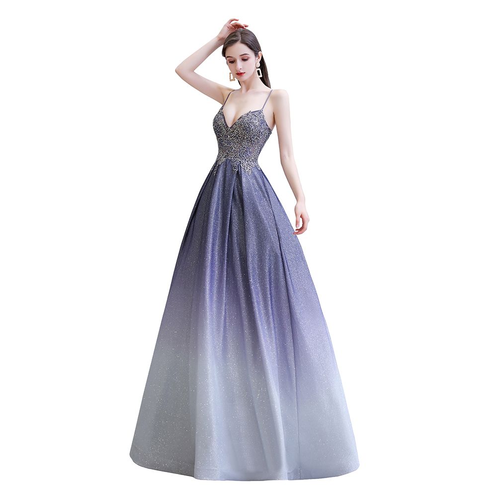 Elegant Spaghetti Straps Appliques Beads Ombre Prom Dress