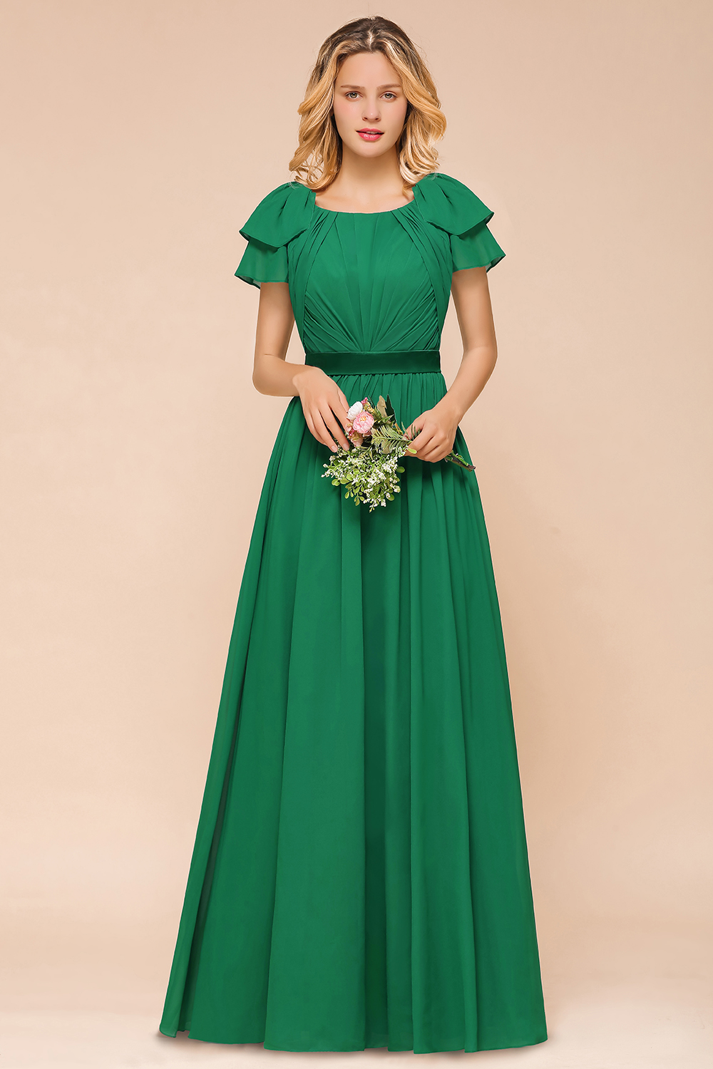 Elegant Bateau Short Sleeves A-line Floor-length Chiffon Ruched Bridesmaid Dress