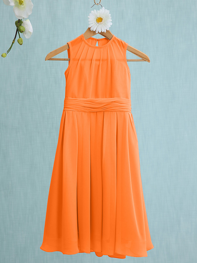 Sky Blue Long A-line Jewel Neck Knee Length Chiffon Junior Bridesmaid Dress