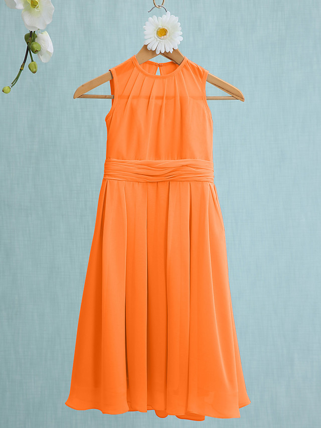 Sky Blue Long A-line Jewel Neck Knee Length Chiffon Junior Bridesmaid Dress