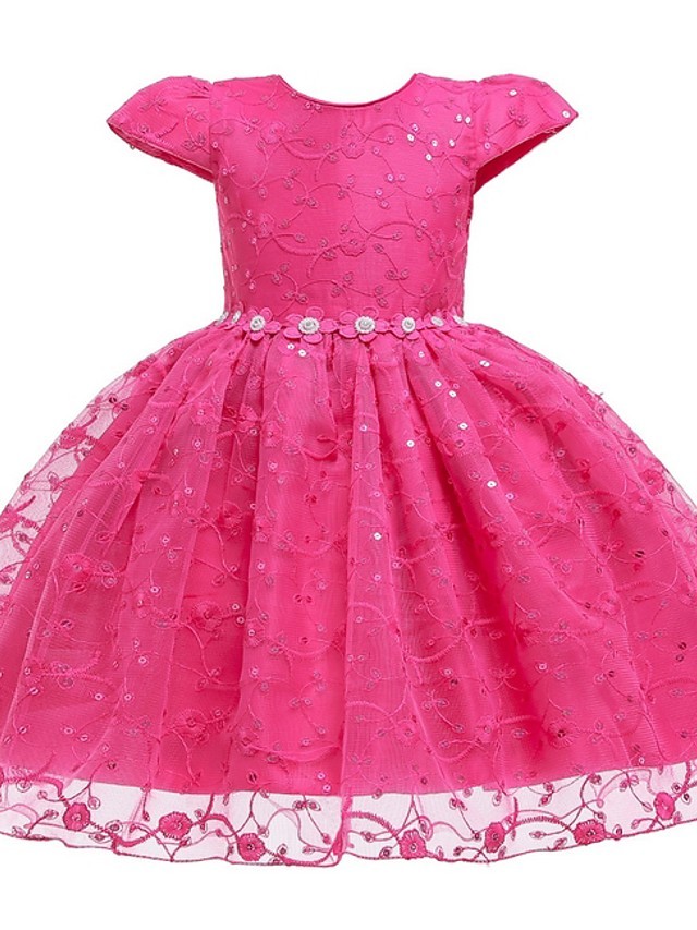 Princess / Ball Gown Knee Length Wedding / Party Flower Girl Dresses - Tulle Cap Sleeve Jewel Neck With Sash / Ribbon / Bow(S) / Embroidery