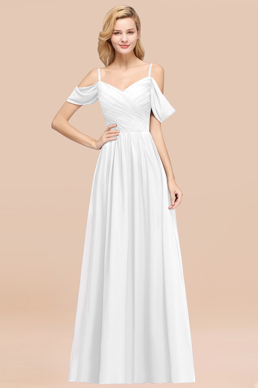 A-Line Chiffon V-Neck Spaghetti Straps Short-Sleeves Floor-Length Bridesmaid Dresses with Ruffles