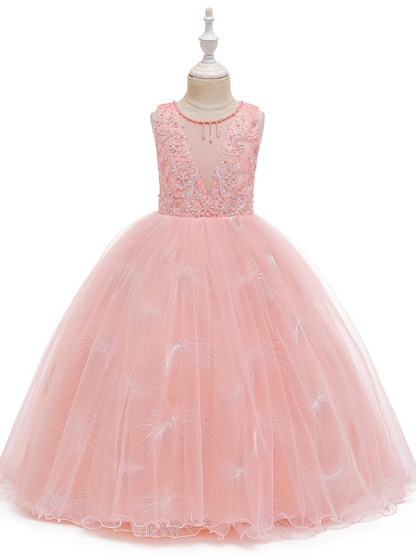 A-Line Medium Length Wedding / Party / First Communion Flower Girl Dresses - Tulle / Matte Satin / Poly&Cotton Blend Sleeveless Jewel Neck With Lace / Beading / Solid