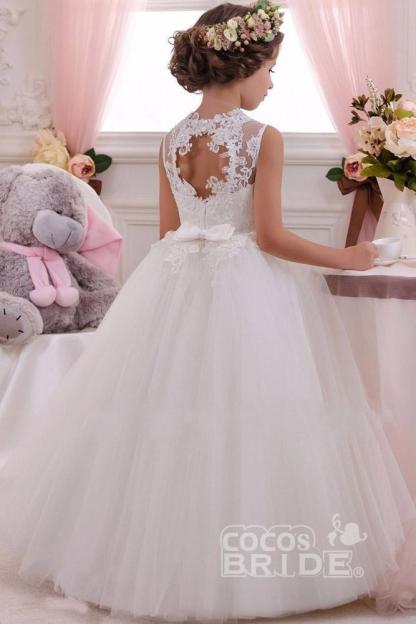 White Scoop Neck Sleeveless Ball Gown Flower Girls Dress