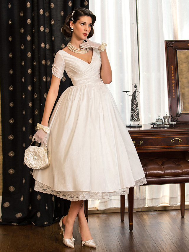 Short A-Line V Neck Tea Length Taffeta Wedding Dresses with Short Sleeve