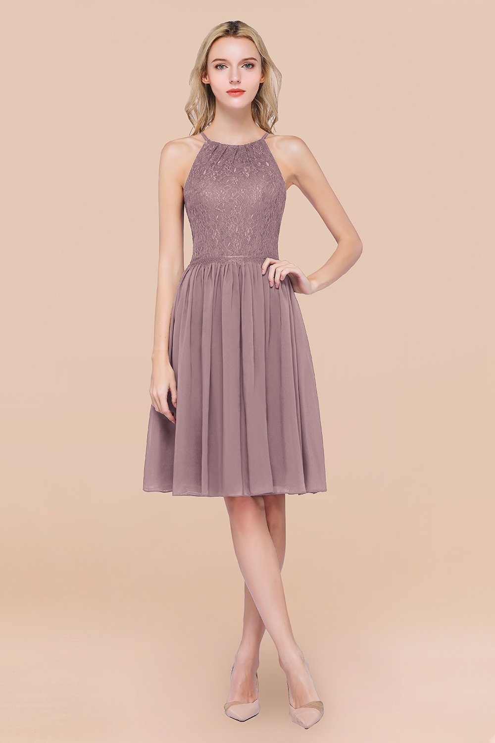 A-line Chiffon Lace Jewel Sleeveless Knee-Length Bridesmaid Dresses with Ruffles