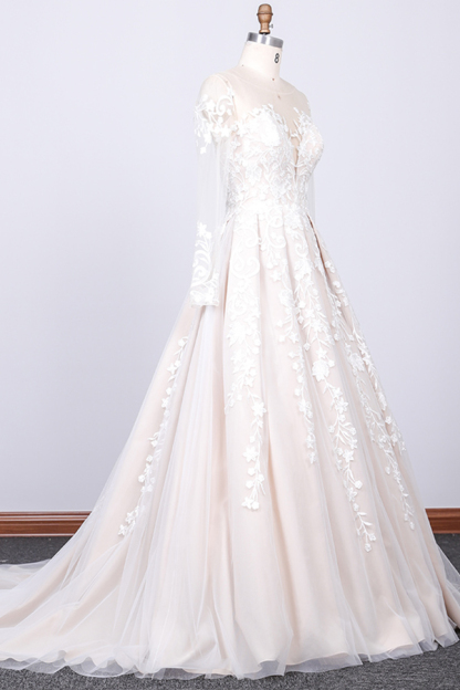 Long Sleeve Sweetheart Appliques Lace Tulle A-line Wedding Dress