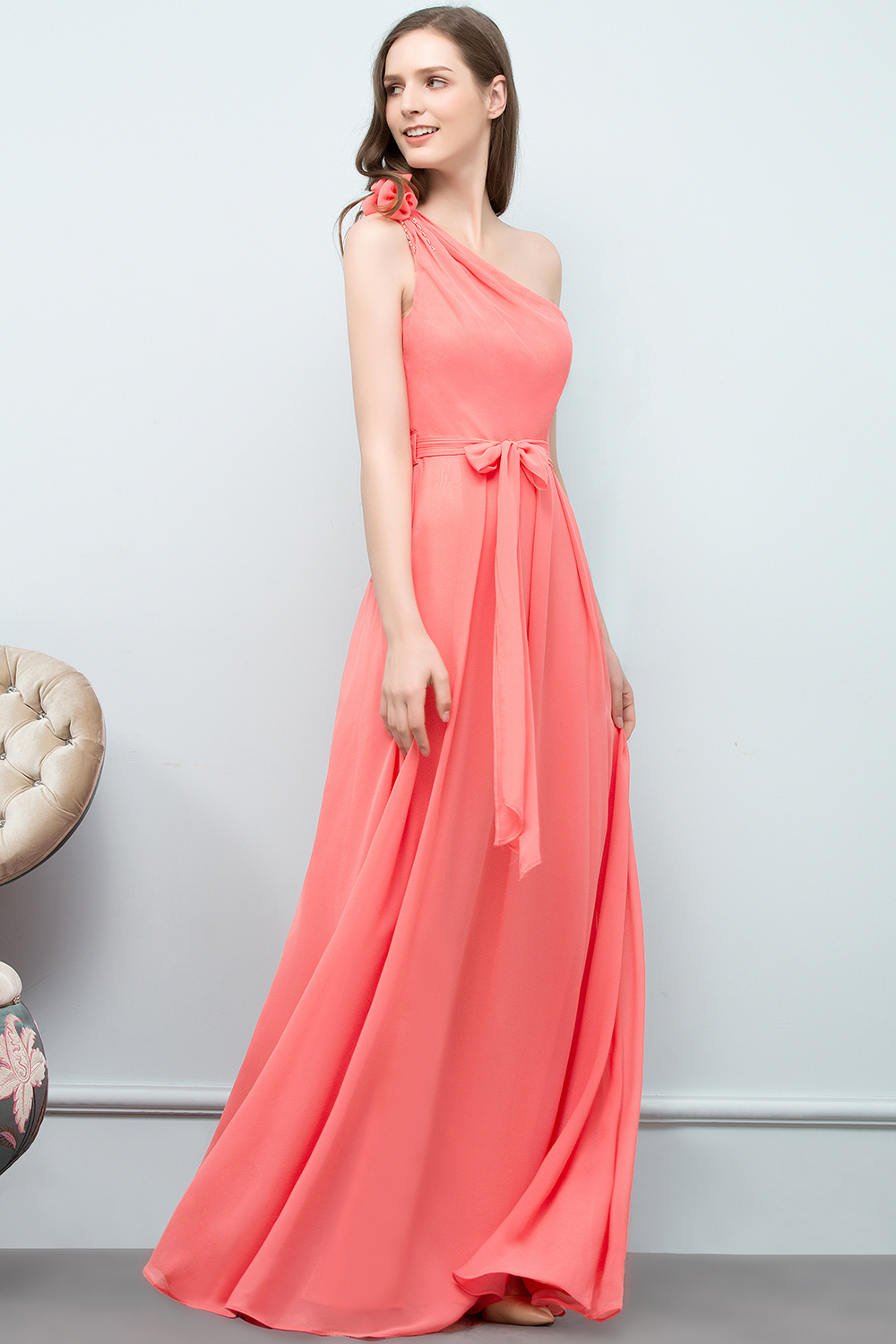 A-line Chiffon One-Shoulder Sleeveless Floor-Length Bridesmaid Dress with Bow Sash