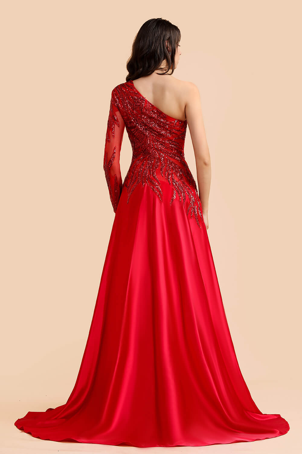 One Shoulder Mermaid Sequins Fuchsia Evening Dresses with Sleeves