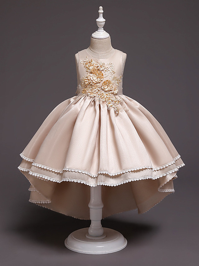 Princess Asymmetrical Wedding / Party / Pageant Flower Girl Dresses - Satin / Tulle Sleeveless Jewel Neck With Lace / Belt / Appliques