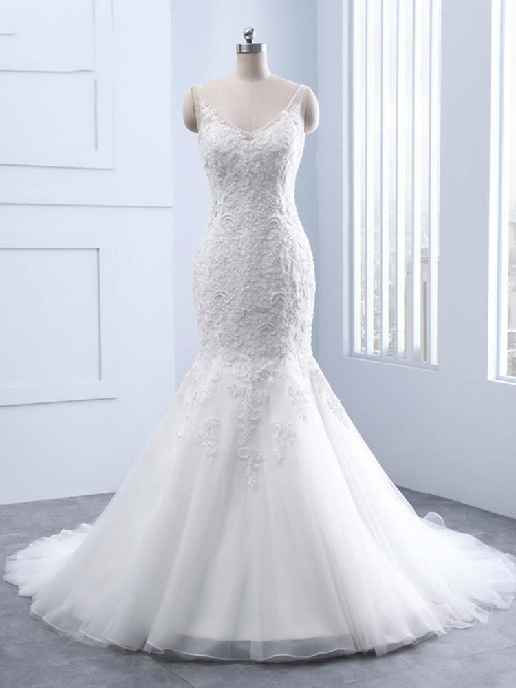 Elegant Long V-neck Lace Mermaid Tulle Wedding Dresses