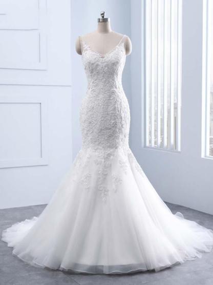 Elegant Long V-neck Lace Mermaid Tulle Wedding Dresses