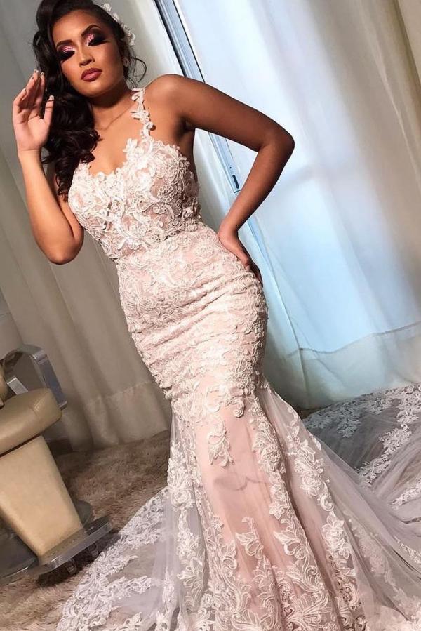 Stunning Long Mermaid Spaghetti Straps Open Back Lace Wedding Dresses