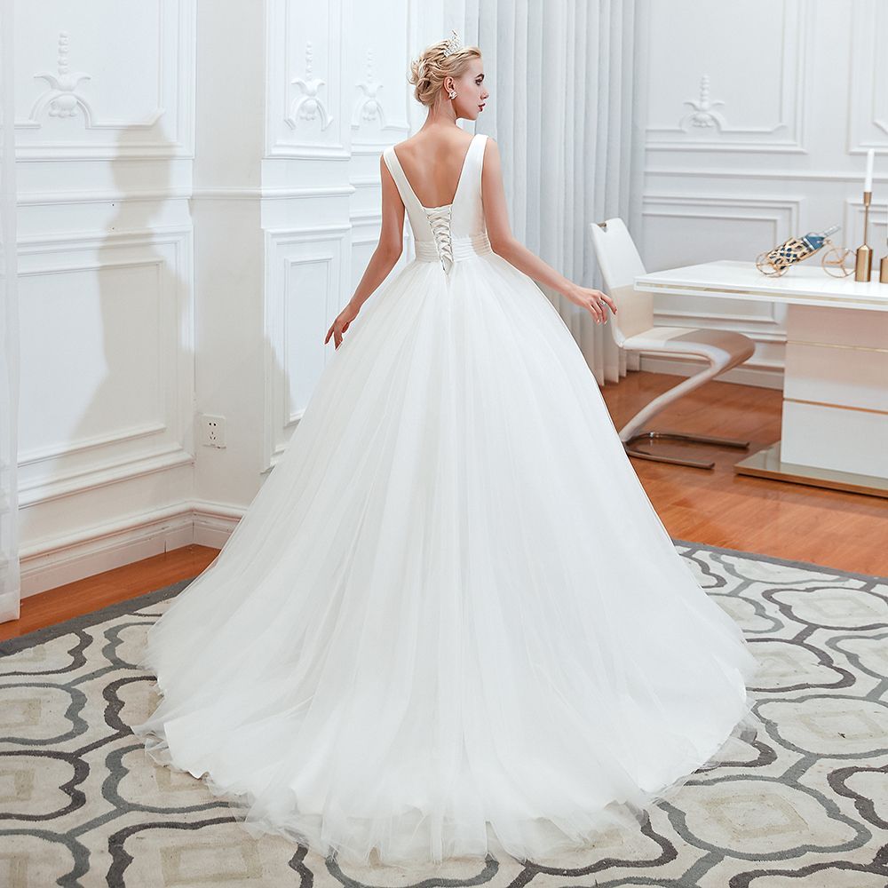 Long A-Line Tulle Wide Straps Deep V-neck Floor-length Wedding Dress