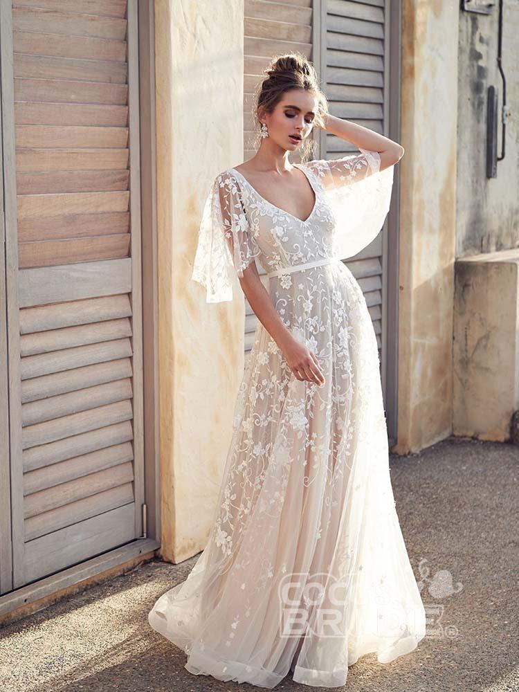 Long A-line V Neck Half Sleeves Lace Backless Boho Wedding Dresses