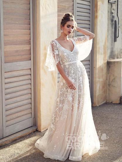 Long A-line V Neck Half Sleeves Lace Backless Boho Wedding Dresses