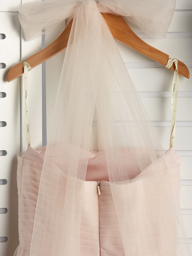 A-Line Halter Neck Floor Length Tulle Junior Bridesmaid Dress With Ruching