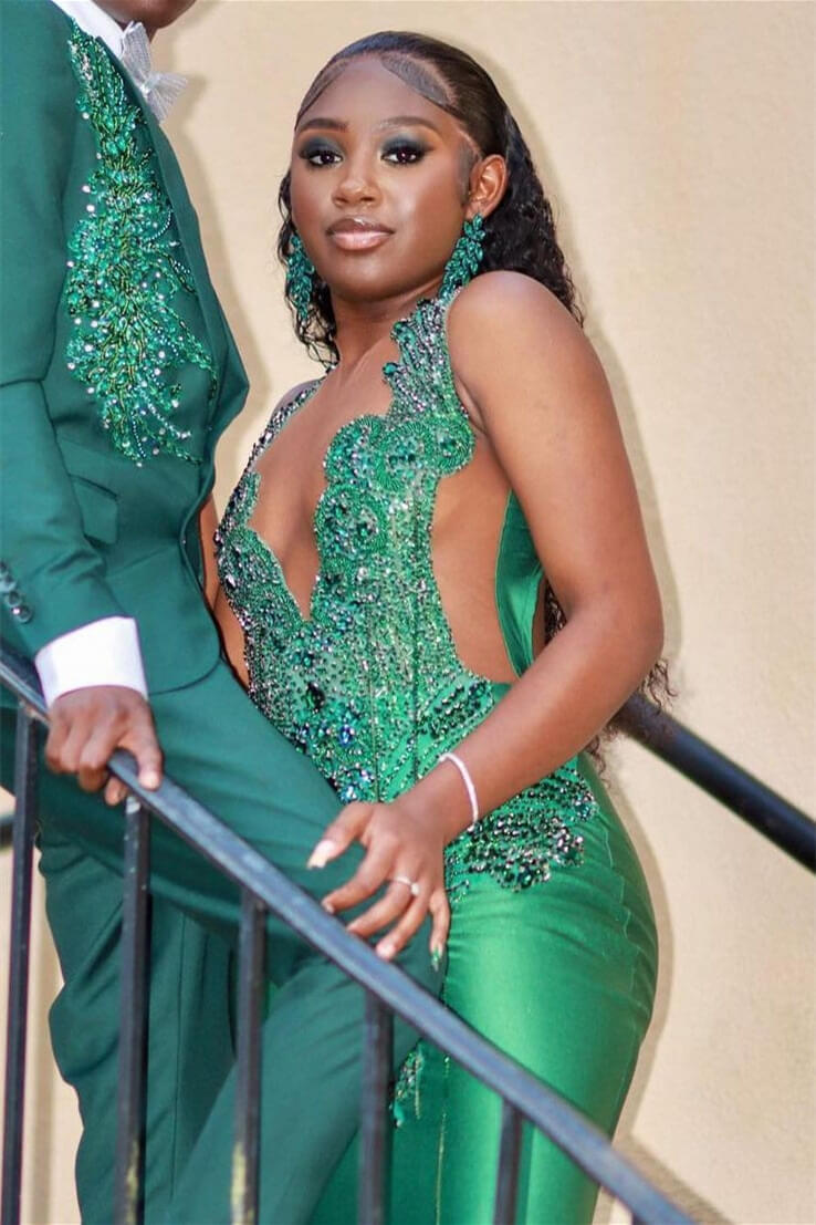 Dark Green Long Mermaid Satin Beaded Halter Prom Dresses
