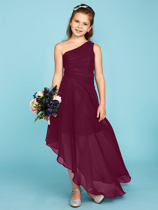 A-Line One Shoulder Asymmetrical Chiffon Junior Bridesmaid Dress With Side Draping / Wedding Party