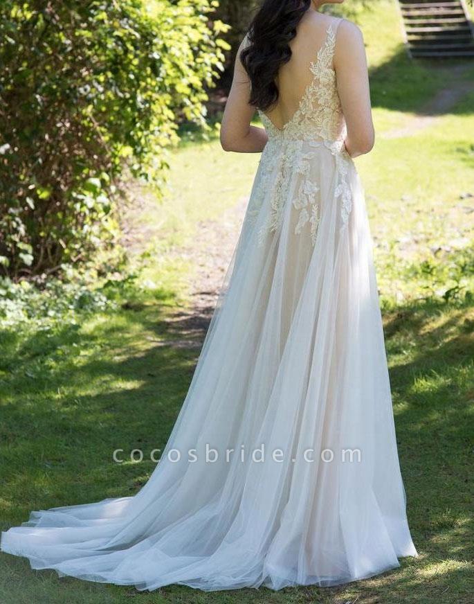 Chic Long V neck Appliques Lace Chiffon Tulle A line Wedding Dress