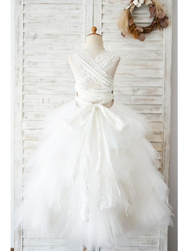 Ball Gown Floor Length Wedding / Birthday Flower Girl Dresses - Lace / Tulle Sleeveless Jewel Neck With Tiered