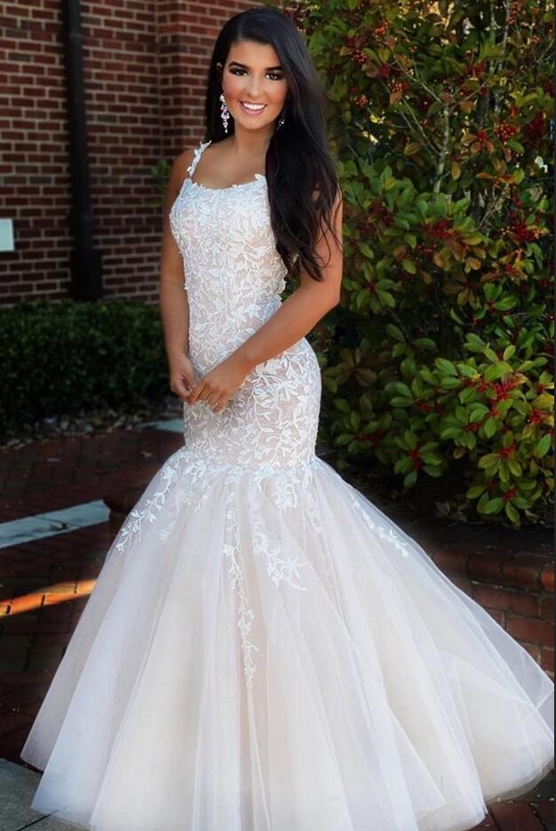 Classy Spaghetti Straps Backless Appliques Lace Floor-length Tulle Ruffles Mermaid Prom Dress