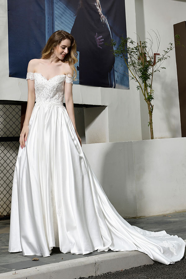 Long A-line Off the Shoulder Appliques Lace Satin Wedding Dress
