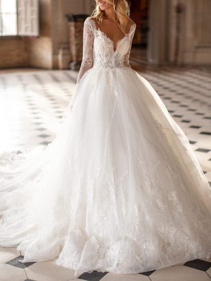 Long A-line V-neck Court Train Lace Tulle Wedding Dresses with Sleeves