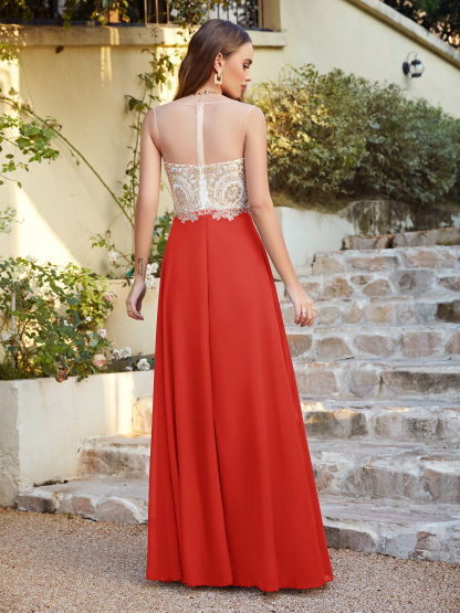Elegant Long A-line Chiffon Sleeveless Tulle Lace Appliques Prom Dress
