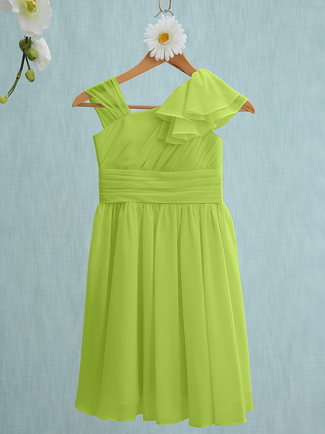 Sheath / Column Straps Knee Length Chiffon Junior Bridesmaid Dress With Ruffles / Side Draping / Natural