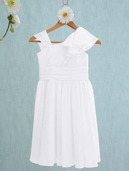Sheath / Column Straps Knee Length Chiffon Junior Bridesmaid Dress With Ruffles / Side Draping / Natural