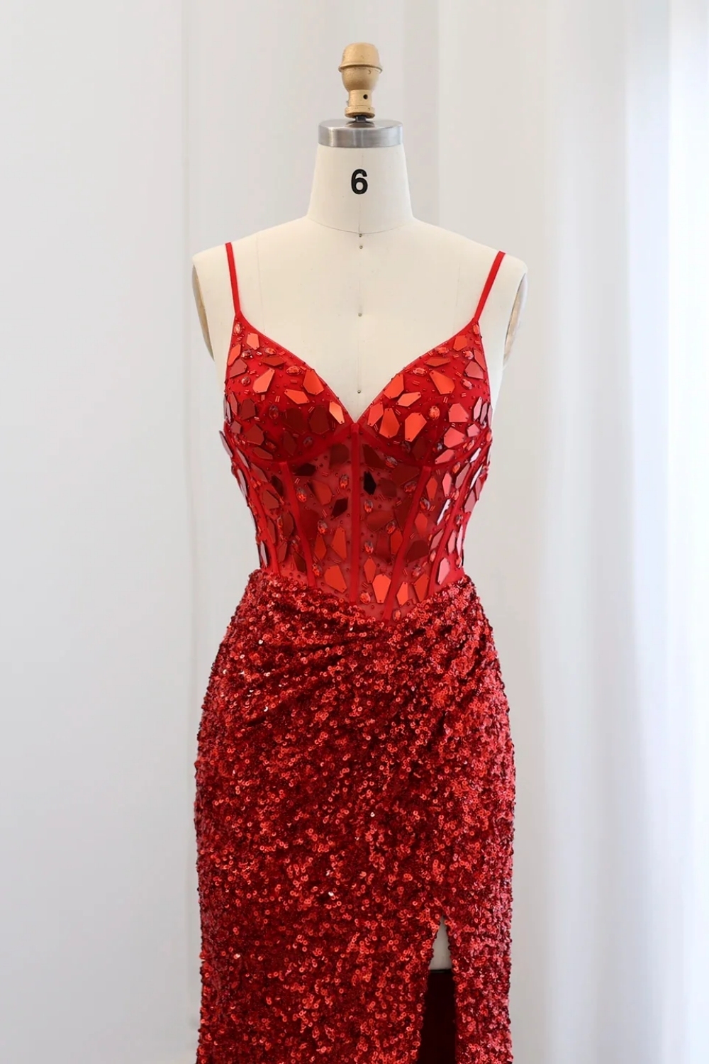 Sparkly Spaghetti Straps Mermaid Backless Split Front Prom Dress with Sequins