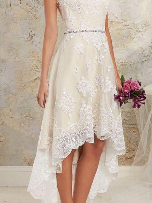 High Low A-Line Spaghetti Strap Asymmetrical Lace Tulle Sleeveless Wedding Dresses