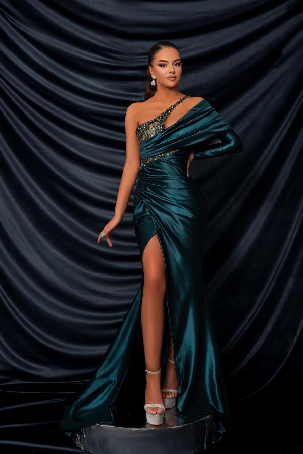 Long Mermaid One Shoulder Satin Beads Front Slit Prom Dresses with Sleeves